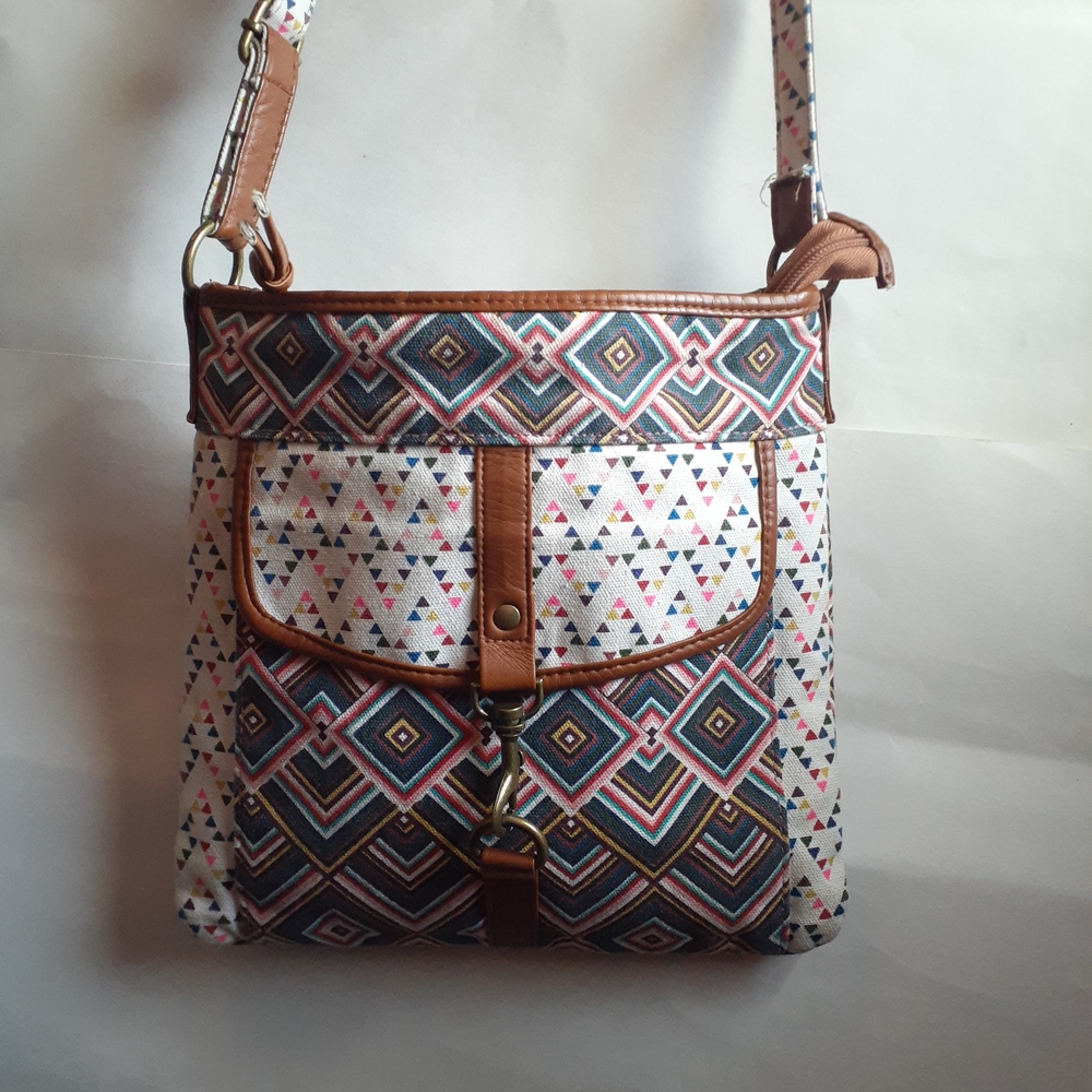 Cream and Brown Geometric Crossbody Bag with Leather Accents